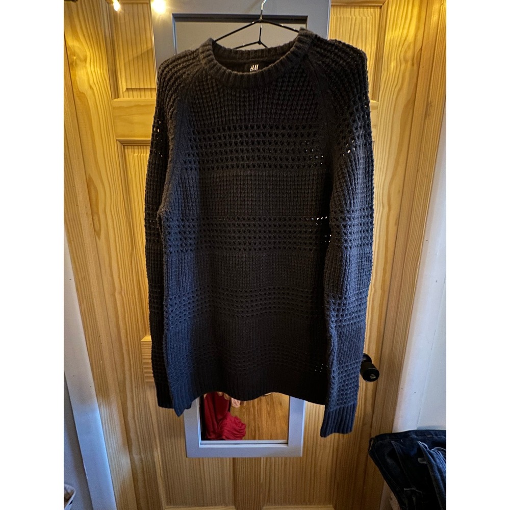 HM Wool Blend Knit Sweater Dress Charcoal Gray Pointelle Ribbed Crew Neck